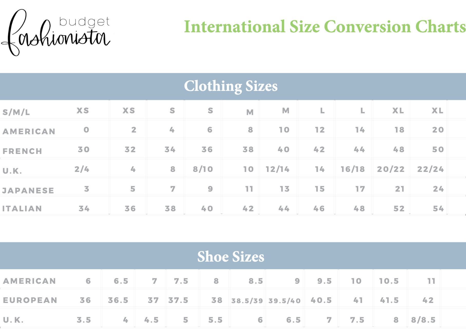 International size conversion chart clothes and shoes