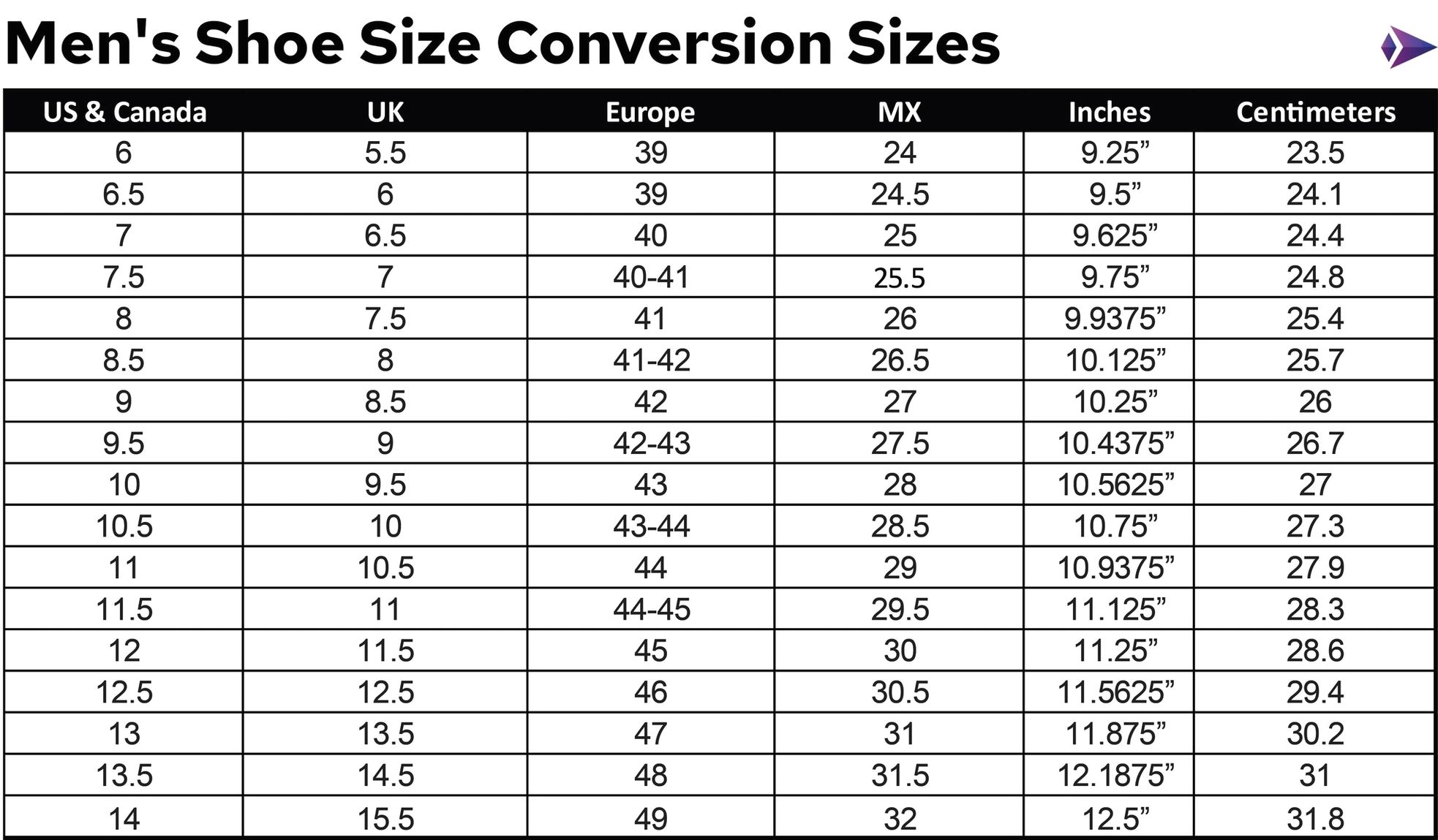 Mens shoe size conversion chart