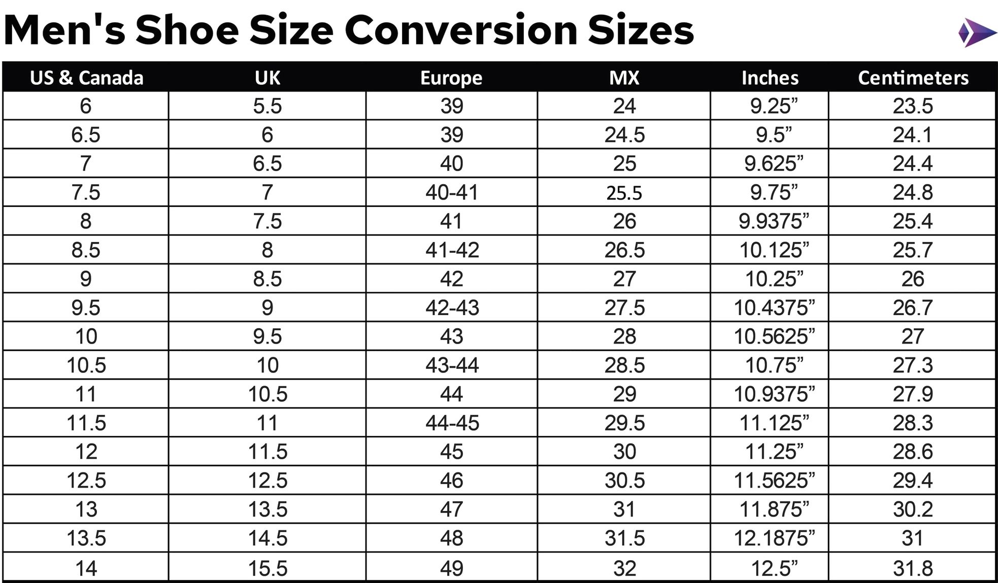 Mens size chart deals conversion shoes