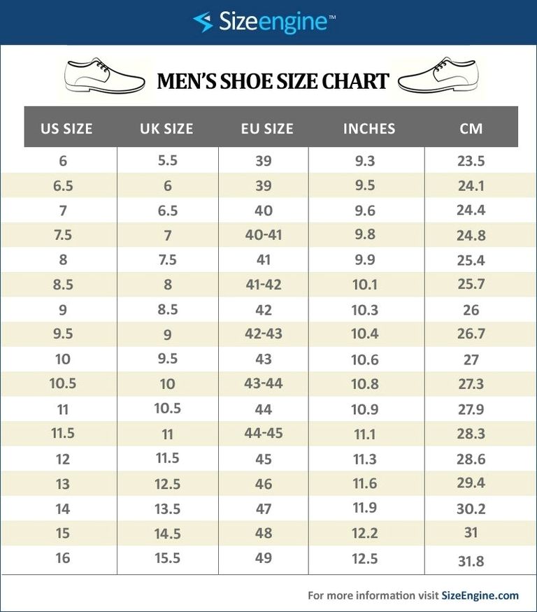 Inches to shoe hot sale size conversion mens