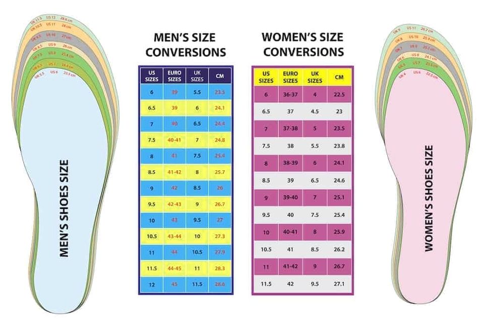 Shoe size conversion charts for men women kids