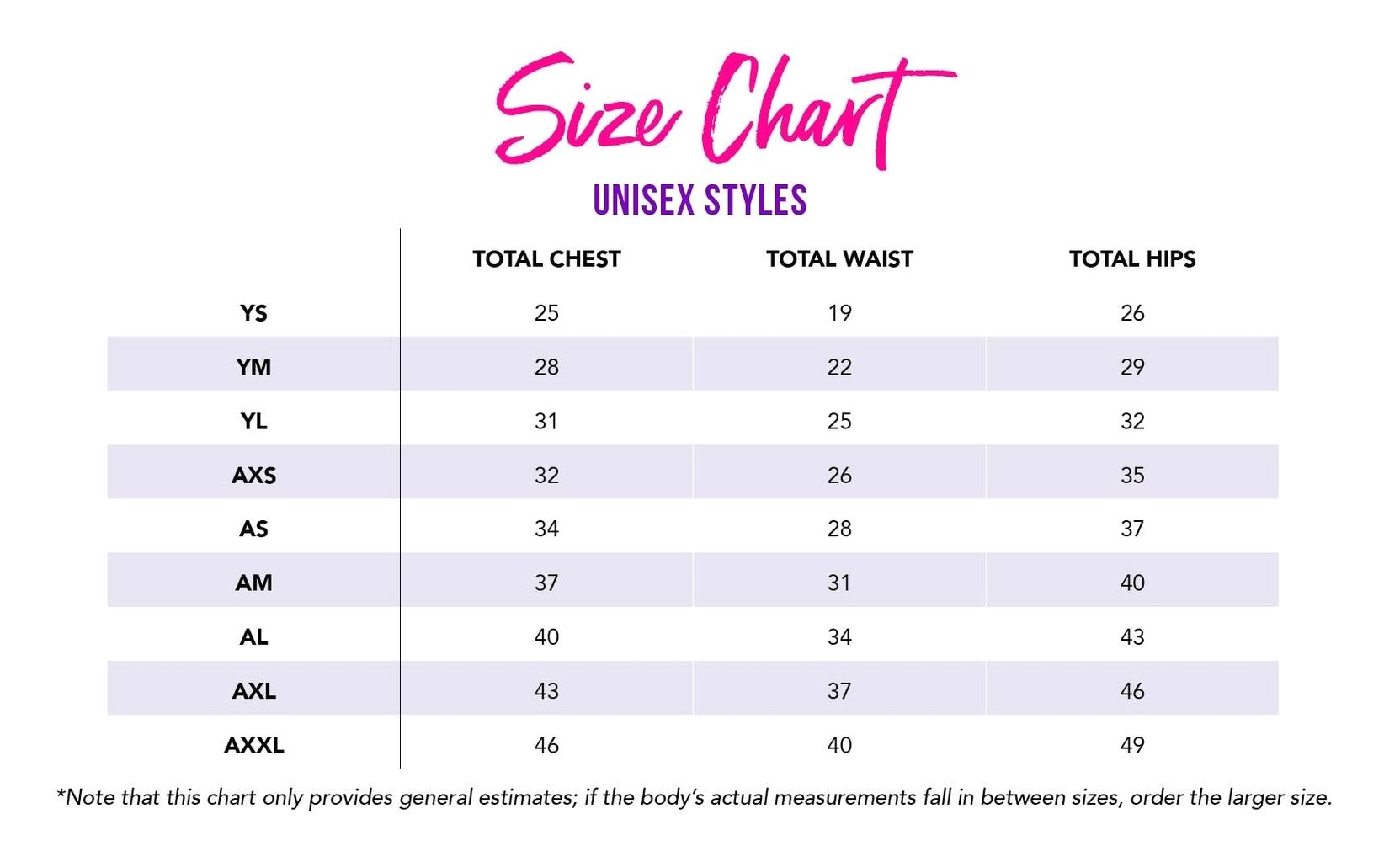 Unisex Size Chart Ygraph